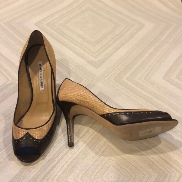 Manolo Blahnik Brown/Gold Shimmer Peep Toe Heels - Size 40 1/2 - Picture 1 of 8